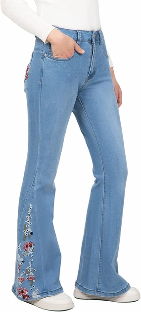 Women's Embroidered Bell Bottom Jeans Stretch Flared Fit Wide Leg Denim Pants