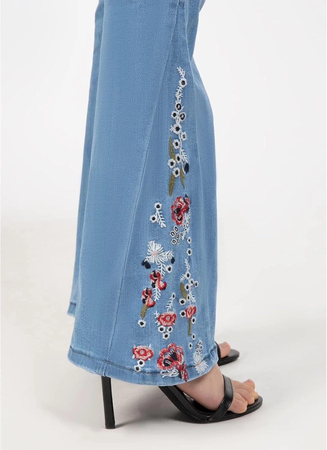 Women's Embroidered Bell Bottom Jeans Stretch Flared Fit Wide Leg Denim Pants