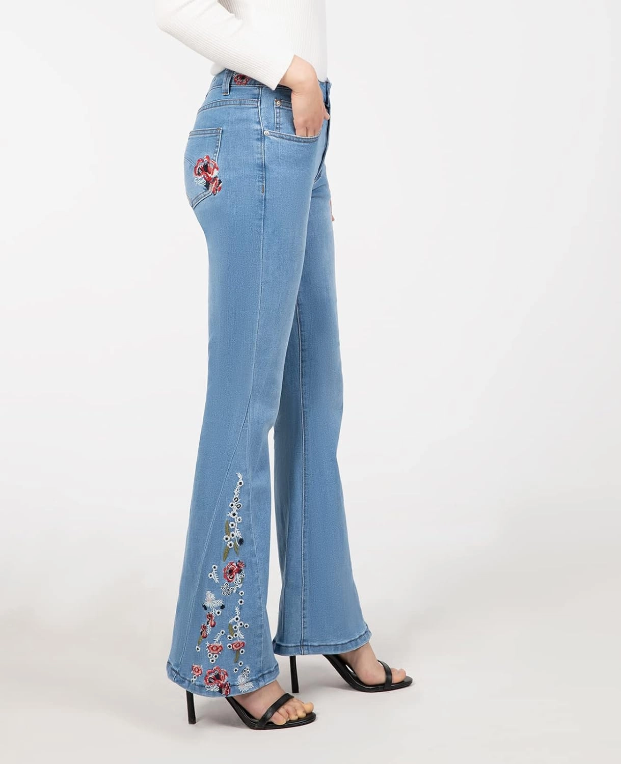 Women's Embroidered Bell Bottom Jeans Stretch Flared Fit Wide Leg Denim Pants