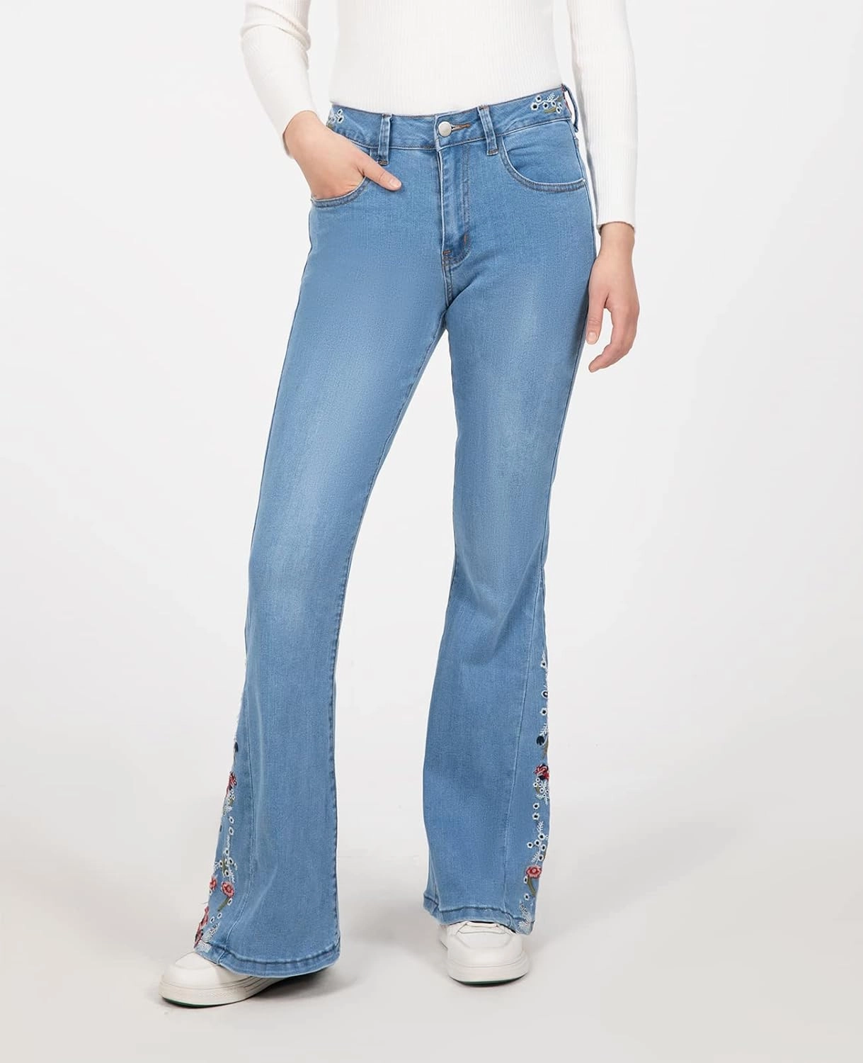 Women's Embroidered Bell Bottom Jeans Stretch Flared Fit Wide Leg Denim Pants