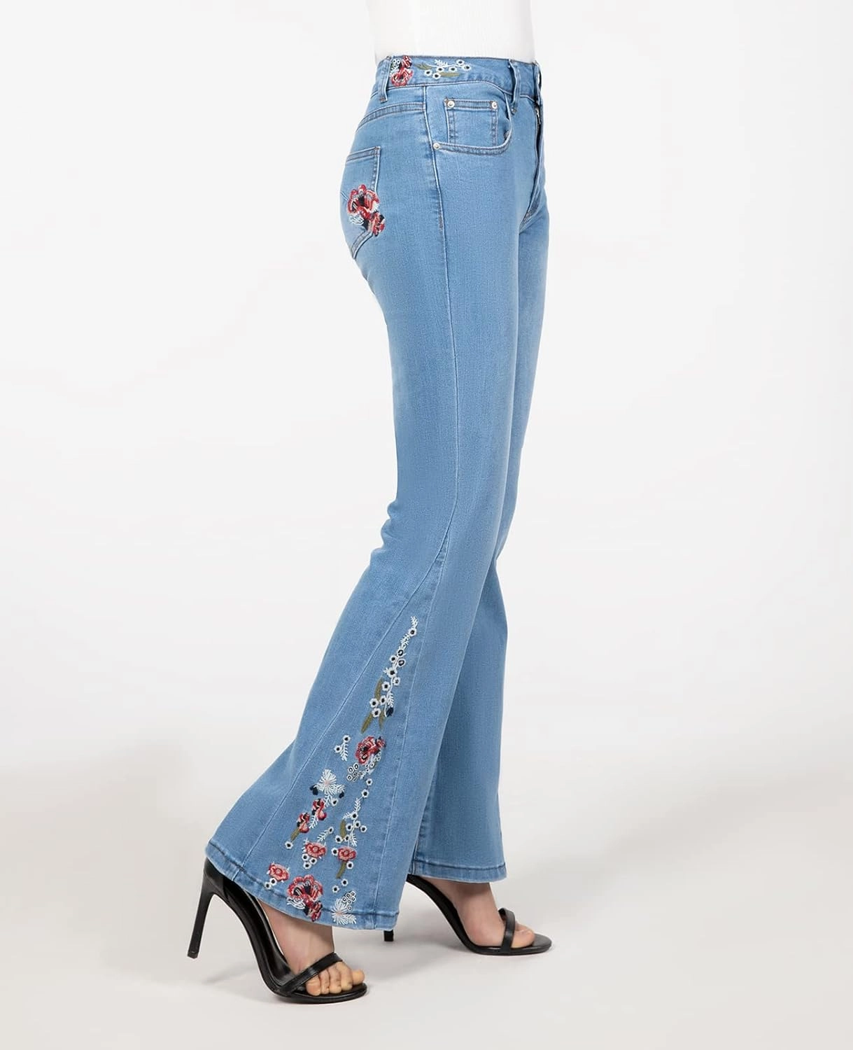 Women's Embroidered Bell Bottom Jeans Stretch Flared Fit Wide Leg Denim Pants