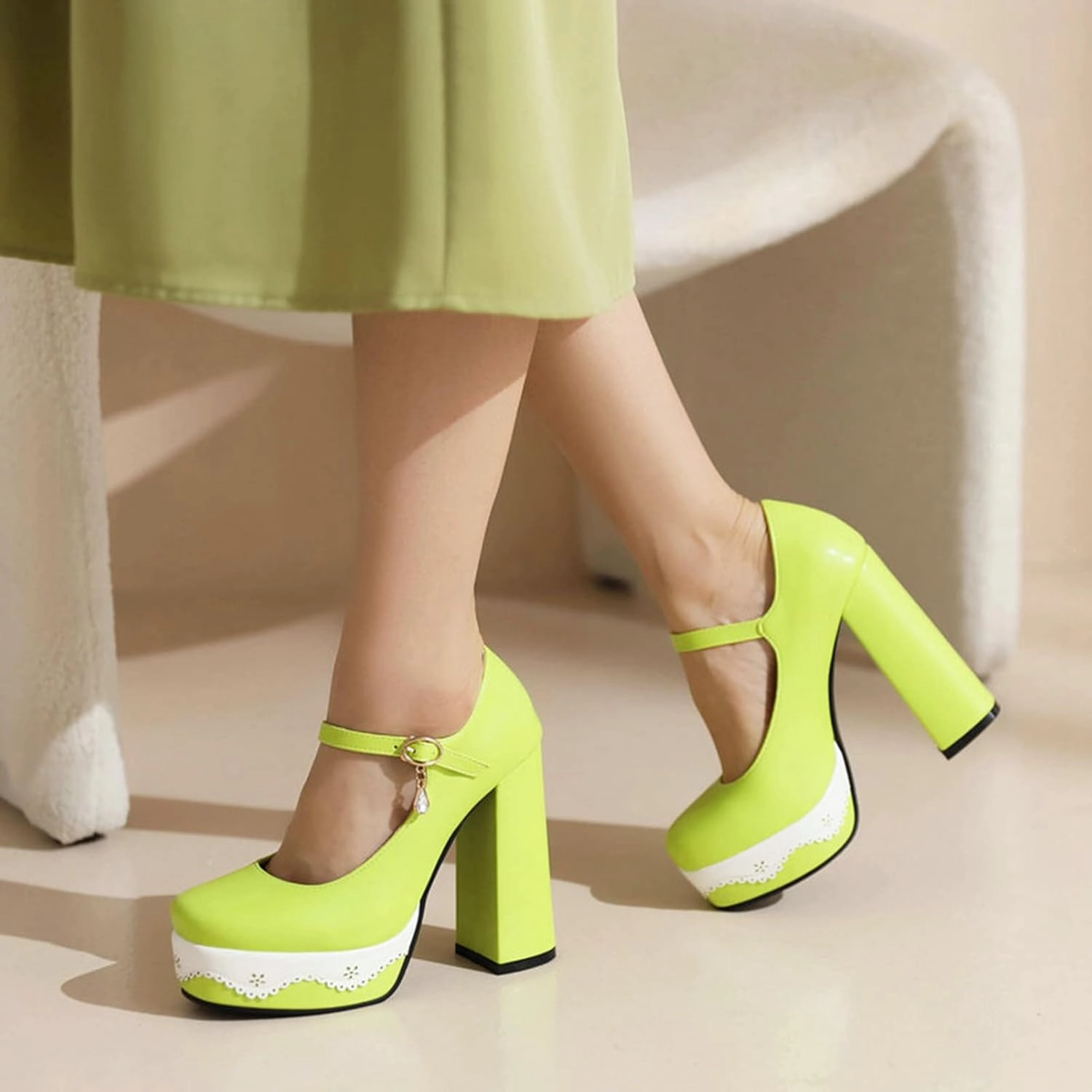 Women's Fashion Chunky High Heel Pumps Platform Ankle Strap Square Toe Lolita Party Mary Jane Shoes