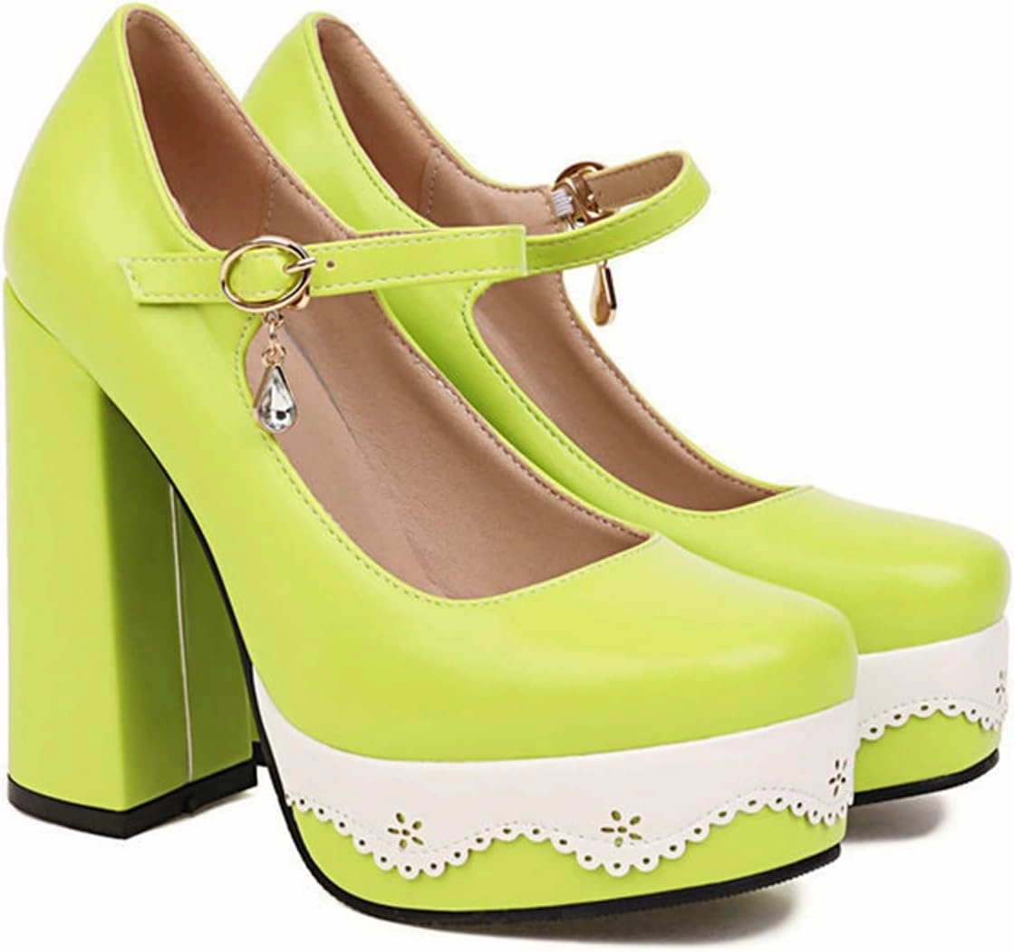 Women's Fashion Chunky High Heel Pumps Platform Ankle Strap Square Toe Lolita Party Mary Jane Shoes