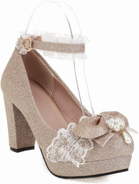 Women's Glitter Platform High Heel Pumps Sweet Bow Lace Round Toe Ankle Strap Fashion Lolita Shoes
