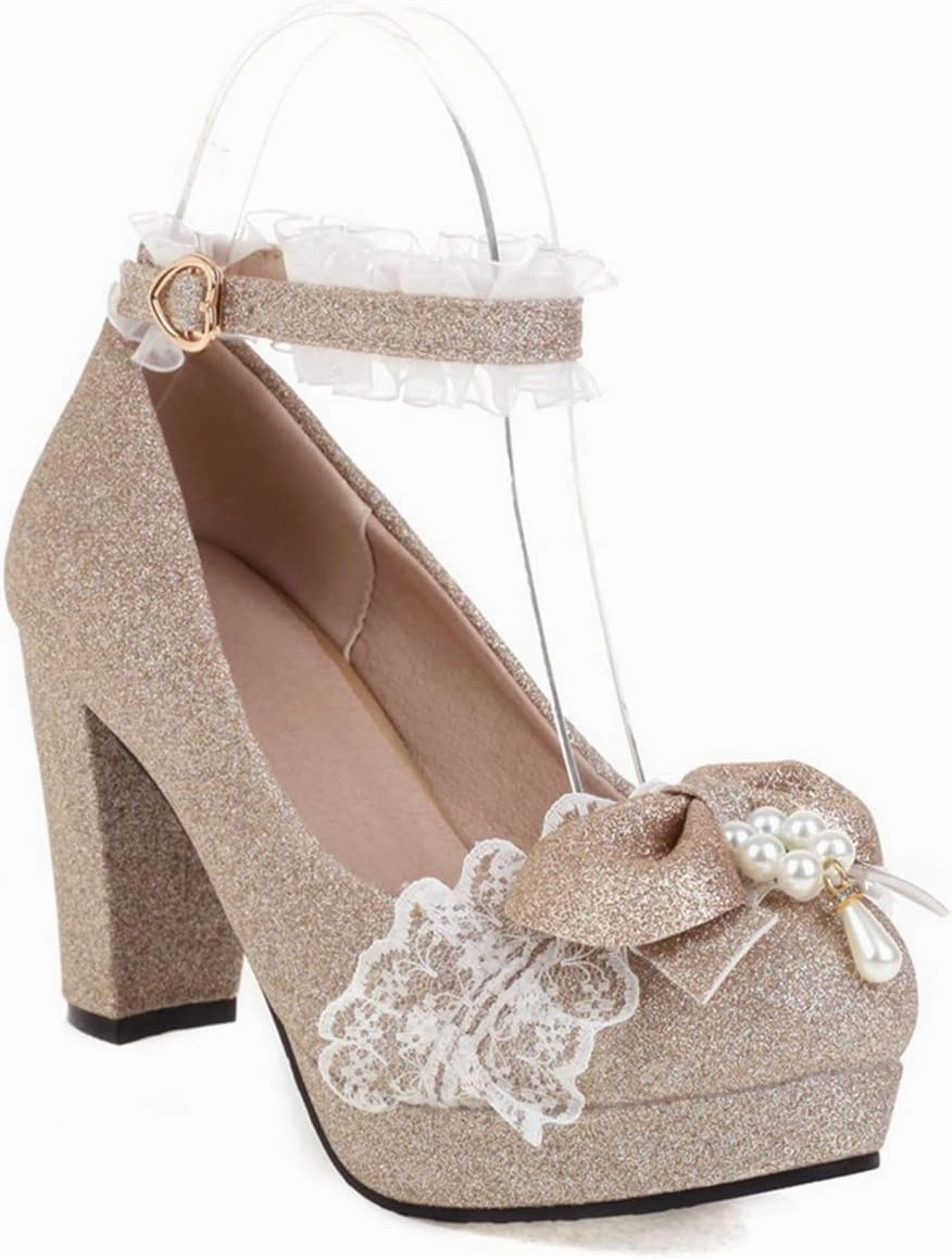 Women's Glitter Platform High Heel Pumps Sweet Bow Lace Round Toe Ankle Strap Fashion Lolita Shoes