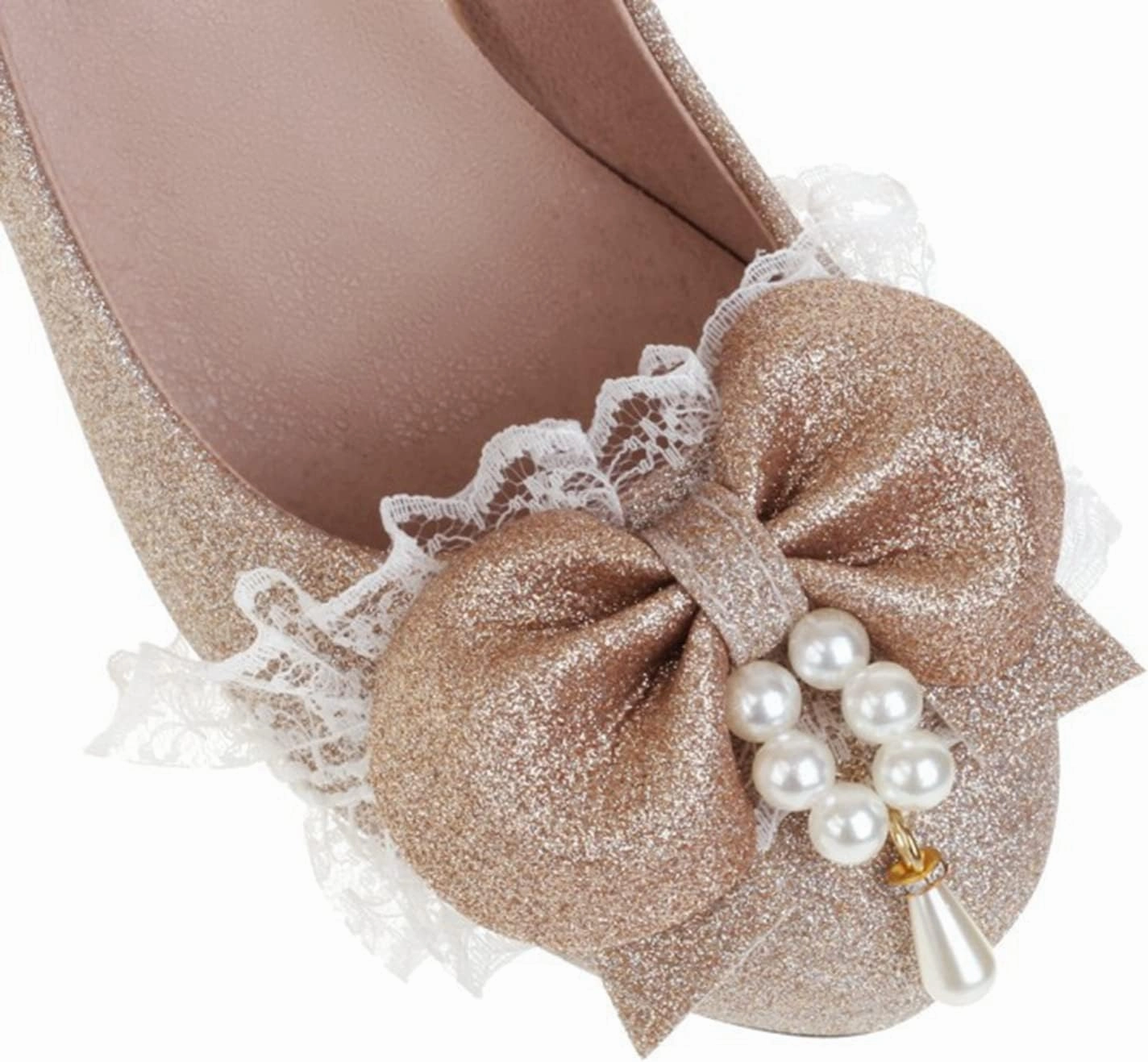 Women's Glitter Platform High Heel Pumps Sweet Bow Lace Round Toe Ankle Strap Fashion Lolita Shoes