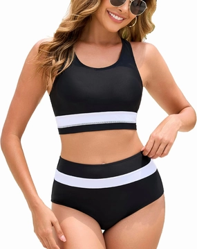 Women's High Waisted Bikini Sets Two Piece Swimsuit Color Block Sporty Athletic Moderate Coverage Bathing Suits
