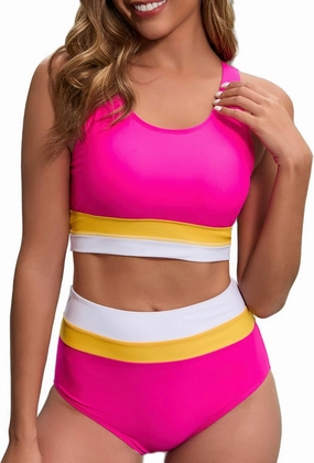 Women's High Waisted Bikini Sets Two Piece Swimsuit Color Block Sporty Athletic Moderate Coverage Bathing Suits