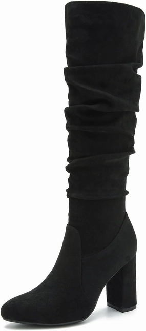 Women's Knee High Boots Sexy Pointed Toe Block Chunky High Heel Boots Side Zipper Pleated Leather Long Boots