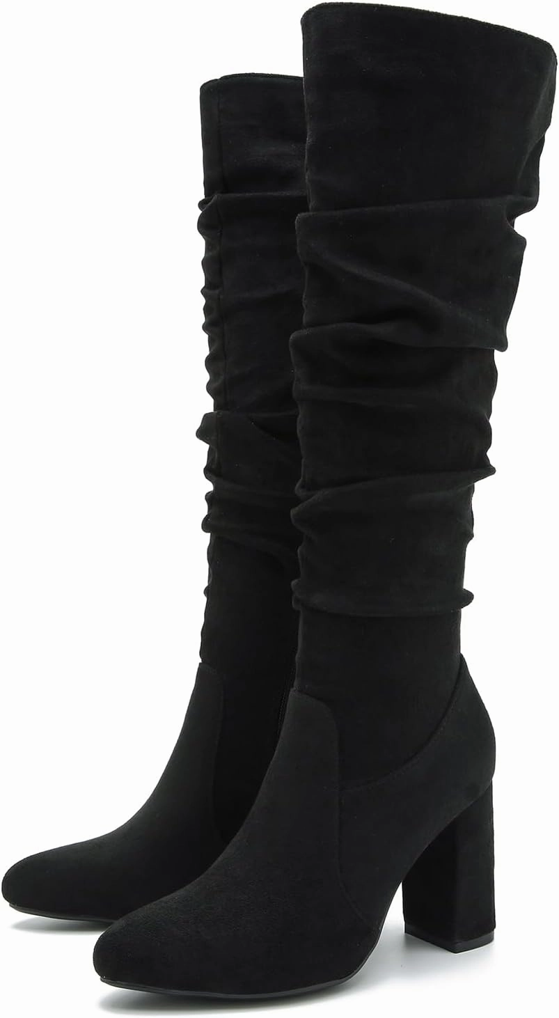 Women's Knee High Boots Sexy Pointed Toe Block Chunky High Heel Boots Side Zipper Pleated Leather Long Boots