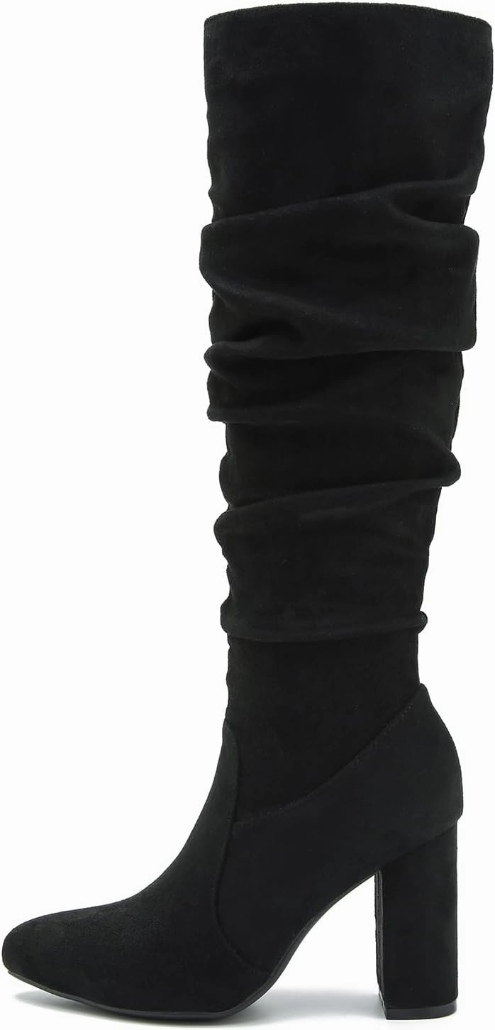 Women's Knee High Boots Sexy Pointed Toe Block Chunky High Heel Boots Side Zipper Pleated Leather Long Boots