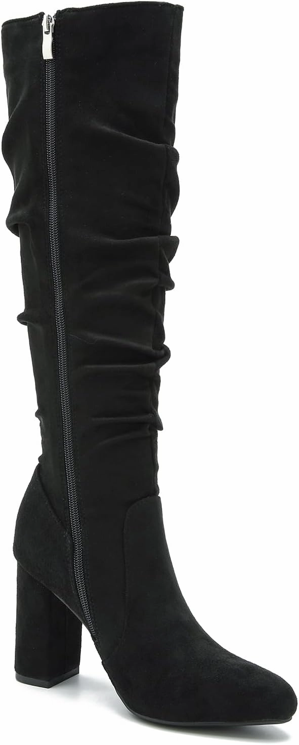 Women's Knee High Boots Sexy Pointed Toe Block Chunky High Heel Boots Side Zipper Pleated Leather Long Boots