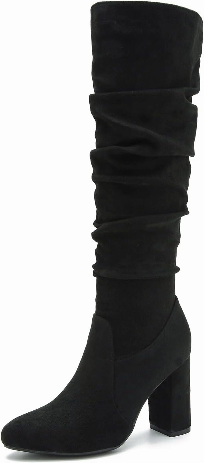 Women's Knee High Boots Sexy Pointed Toe Block Chunky High Heel Boots Side Zipper Pleated Leather Long Boots