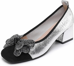 Women's Leather Glitter Rhinestone Bow Chunky Heel Pumps Fashion Comfortable Square Toe Slip on Mid Heels Dress Shoes for Party Prom Date Wedding