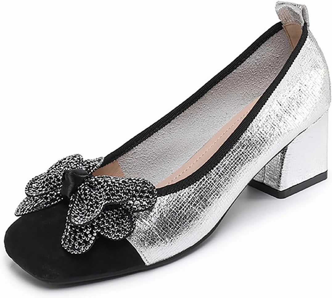Women's Leather Glitter Rhinestone Bow Chunky Heel Pumps Fashion Comfortable Square Toe Slip on Mid Heels Dress Shoes for Party Prom Date Wedding