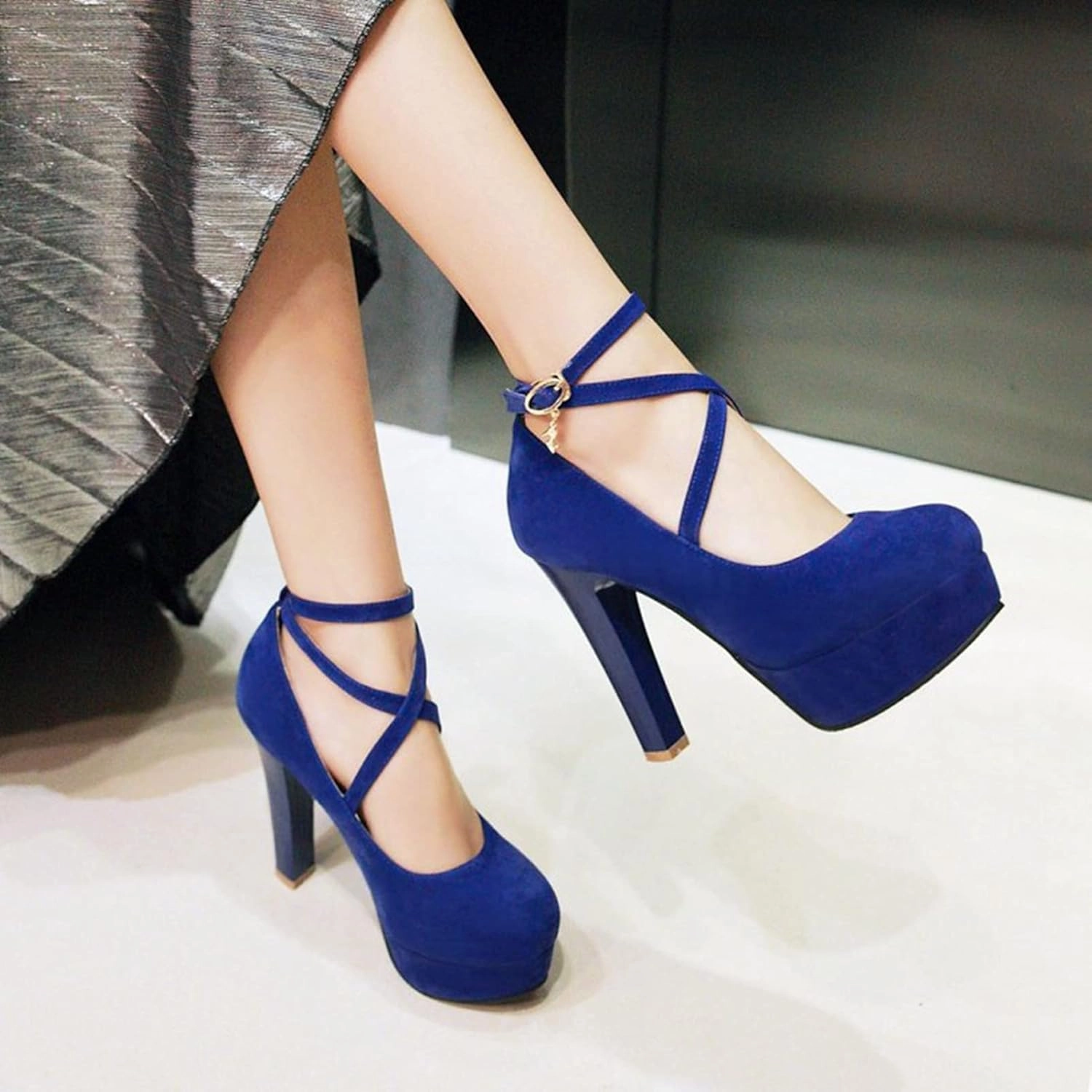 Women's Platform High Heels Closed Toe Pumps Strappy Cross Ankle Strap Suede Wedding Prom Party Shoes