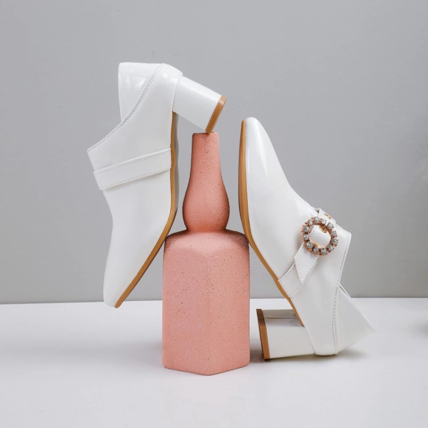 Women's Pointed Toe Dress Pumps Rhinestone Buckle Faux Leather Fashion Chunky Mid Heel Office Shoes