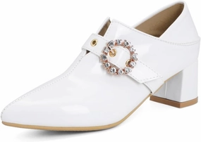 Women's Pointed Toe Dress Pumps Rhinestone Buckle Faux Leather Fashion Chunky Mid Heel Office Shoes