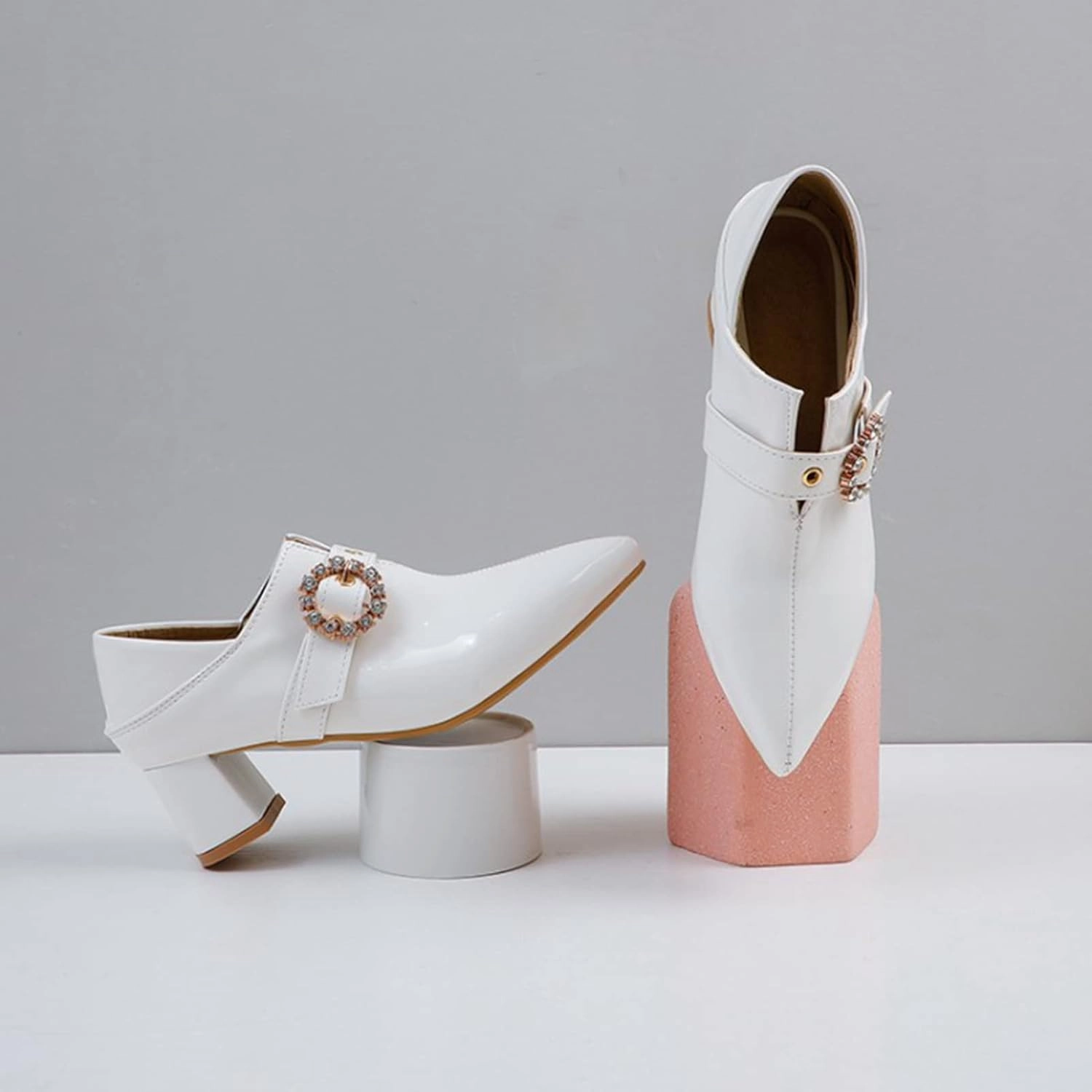 Women's Pointed Toe Dress Pumps Rhinestone Buckle Faux Leather Fashion Chunky Mid Heel Office Shoes
