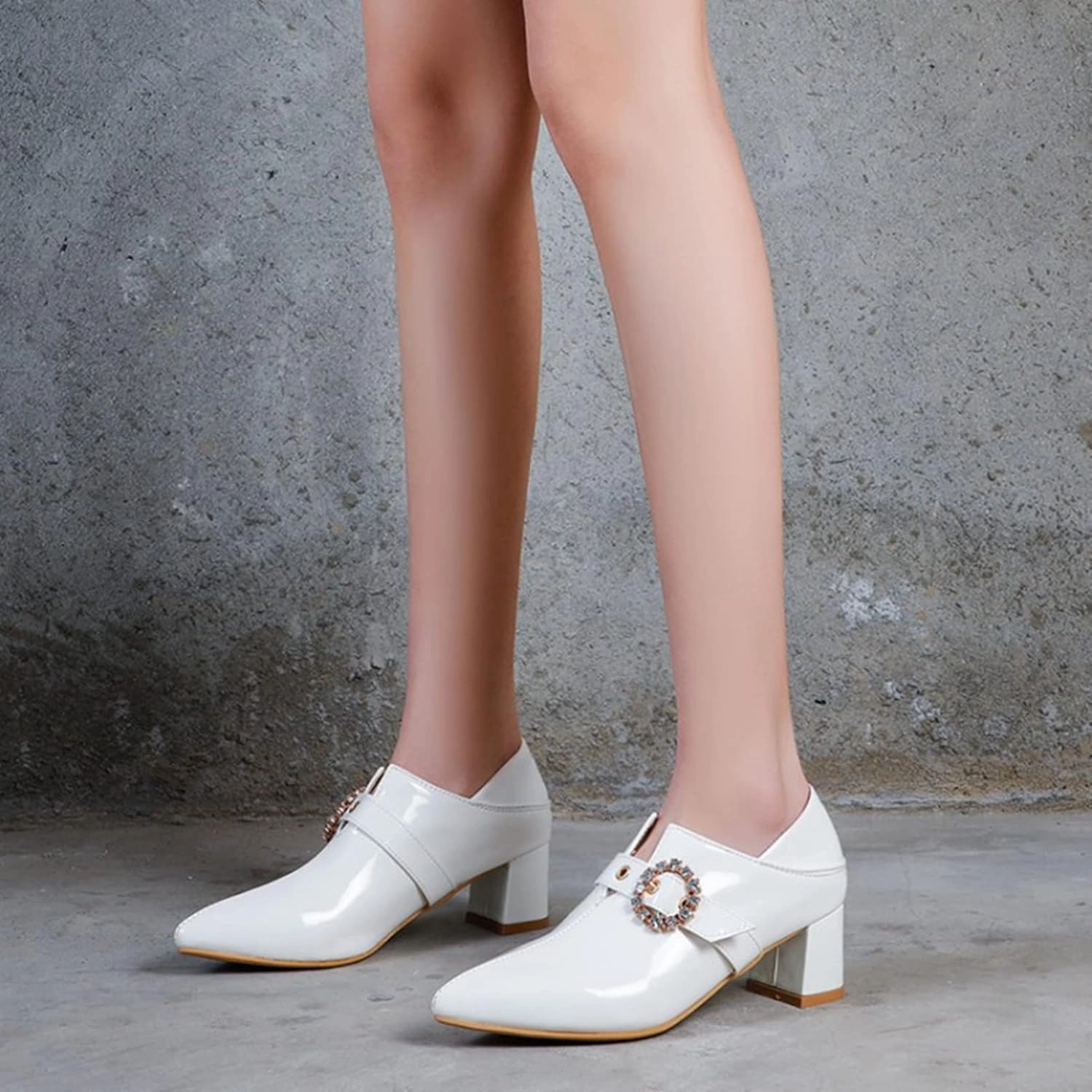 Women's Pointed Toe Dress Pumps Rhinestone Buckle Faux Leather Fashion Chunky Mid Heel Office Shoes