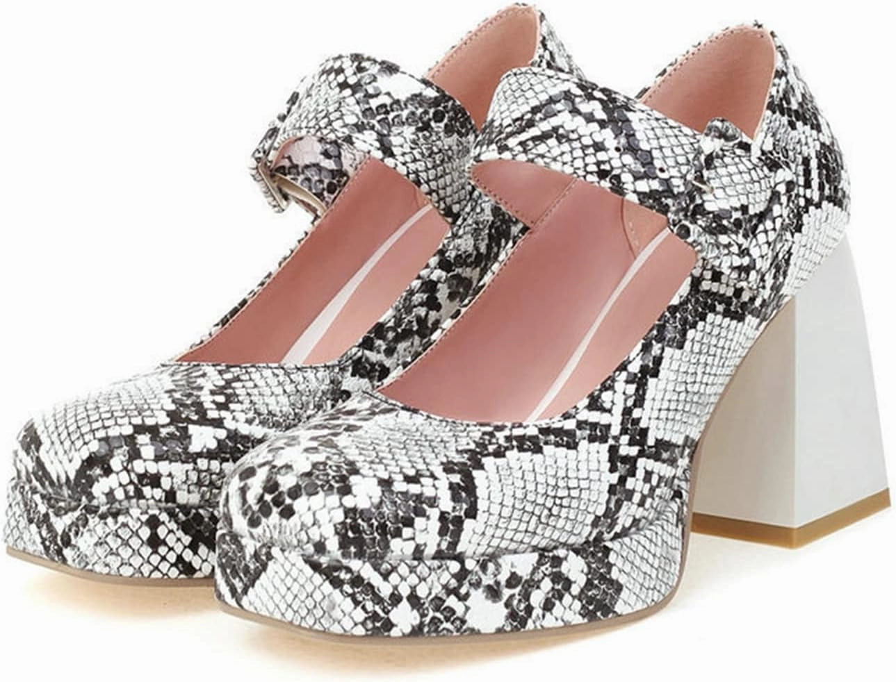 Women's Square Toe Dress Mary Jane Shoes Ankle Strap Animal Print Platform Chunky High Heel Pumps