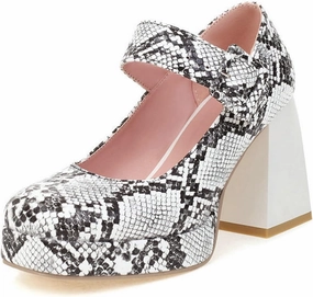 Women's Square Toe Dress Mary Jane Shoes Ankle Strap Animal Print Platform Chunky High Heel Pumps