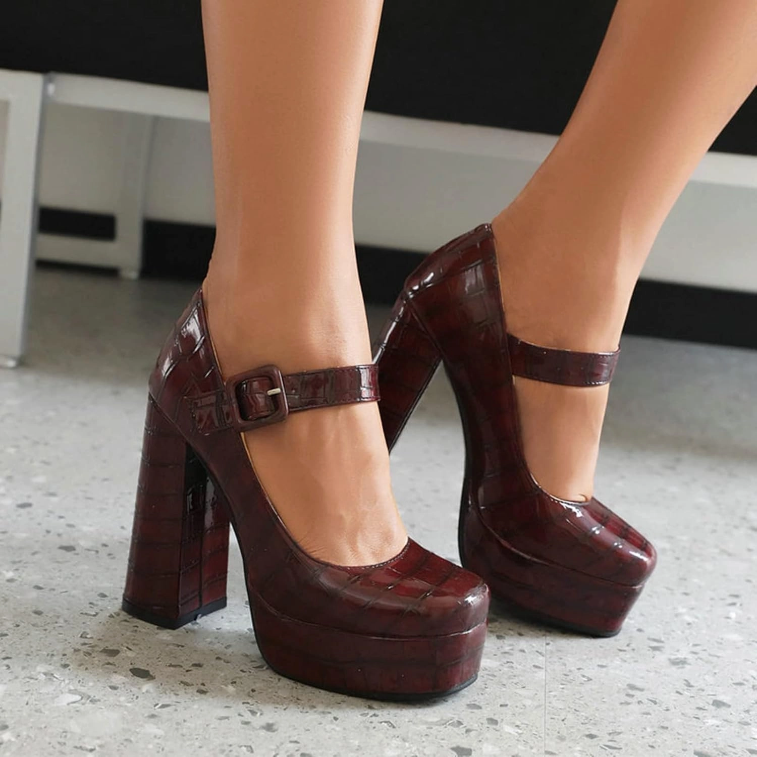 Women's Square Toe Mary Janes Platform Pumps Chunky High Heel Ankle Strap Stone Pattern Dress Shoes