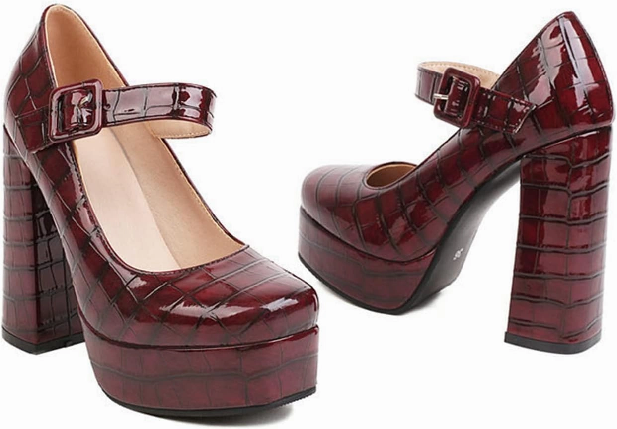 Women's Square Toe Mary Janes Platform Pumps Chunky High Heel Ankle Strap Stone Pattern Dress Shoes