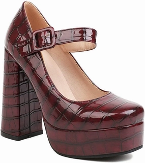 Women's Square Toe Mary Janes Platform Pumps Chunky High Heel Ankle Strap Stone Pattern Dress Shoes
