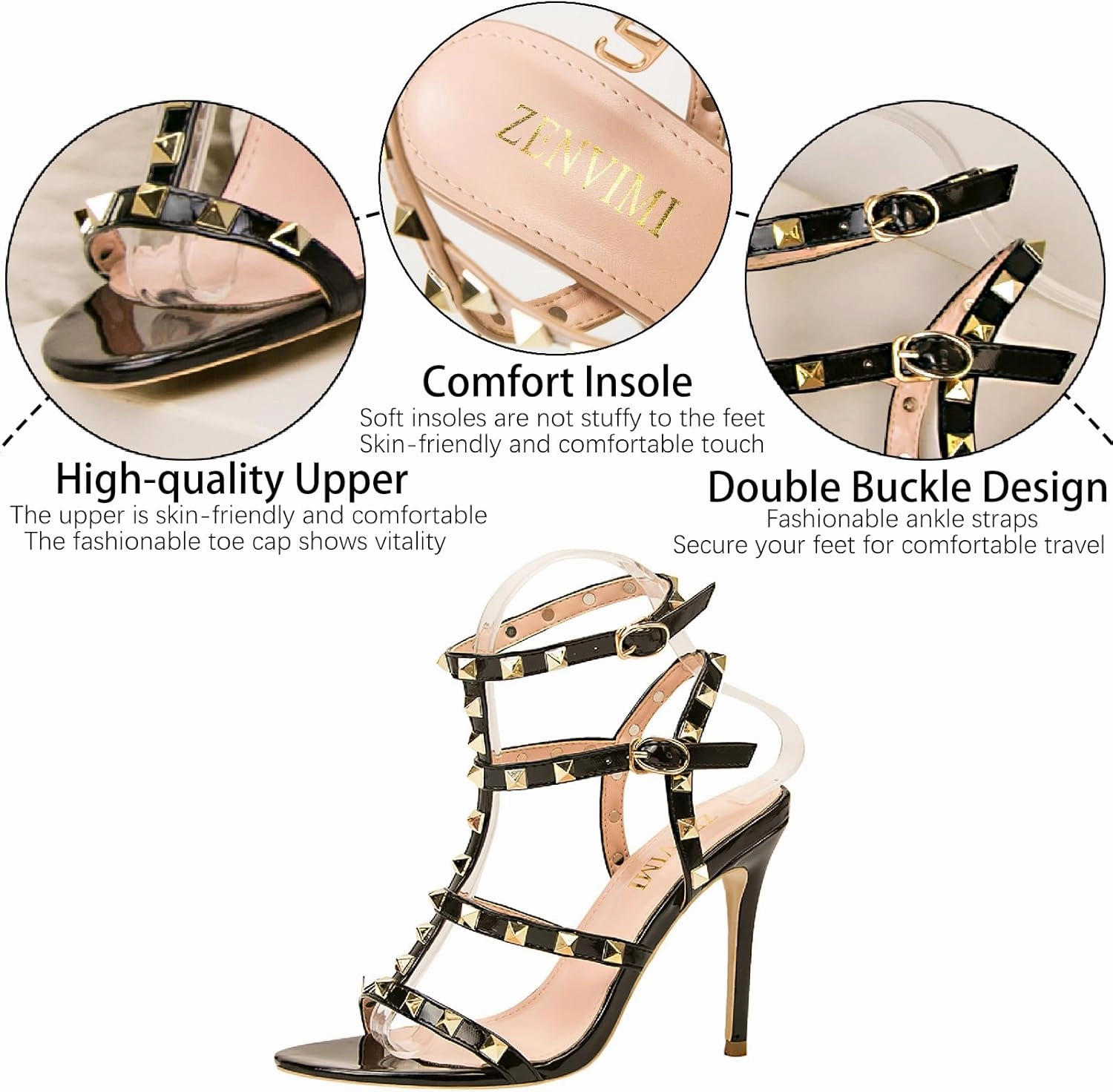 Women's Studded Strappy Leather Stiletto Heels Sandals with Adjustable Ankle Buckle Sexy Open Pointed Toe Fashion T-Strap Roman High Heel Pumps for Party Prom Dress Shoes