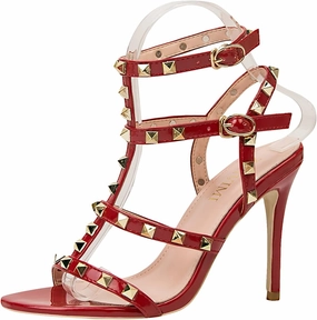 Women's Studded Strappy Leather Stiletto Heels Sandals with Adjustable Ankle Buckle Sexy Open Pointed Toe Fashion T-Strap Roman High Heel Pumps for Party Prom Dress Shoes