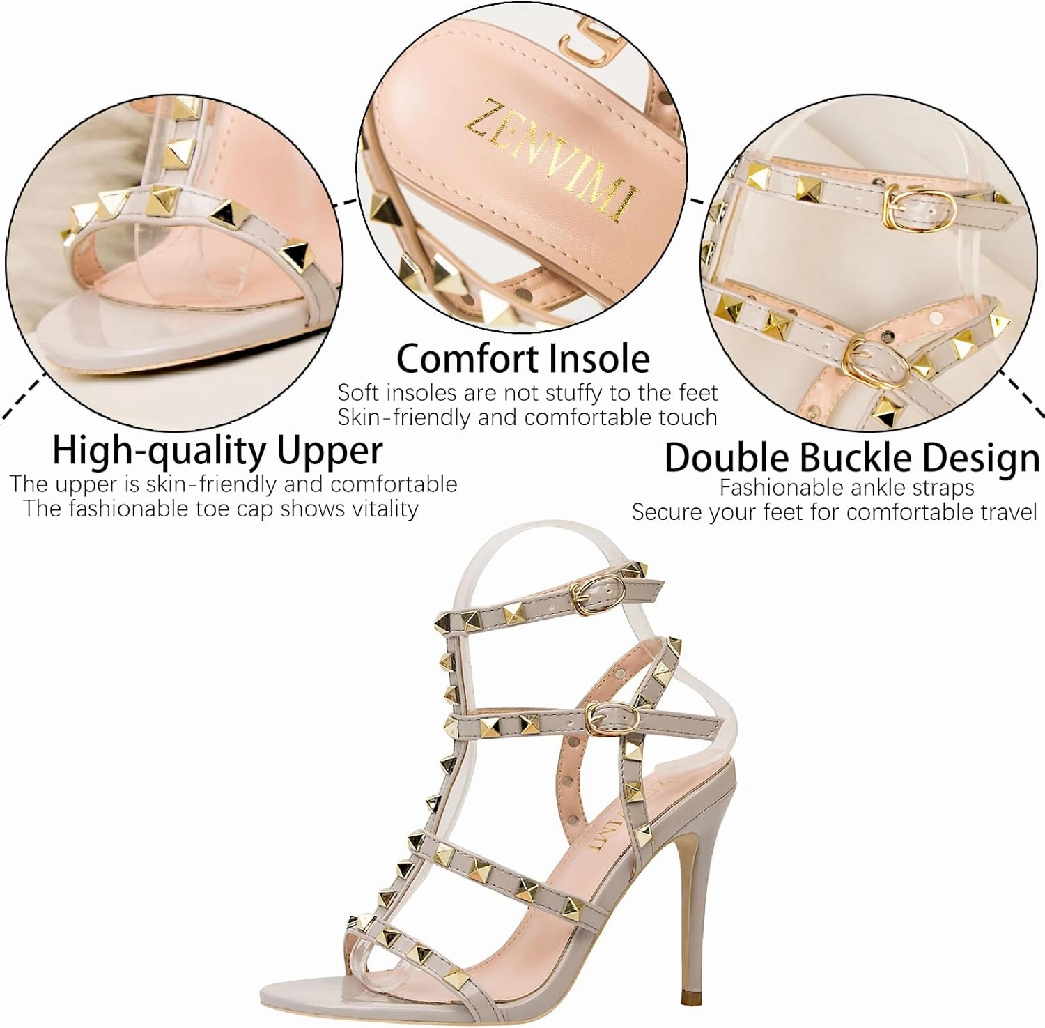 Women's Studded Strappy Leather Stiletto Heels Sandals with Adjustable Ankle Buckle Sexy Open Pointed Toe Fashion T-Strap Roman High Heel Pumps for Party Prom Dress Shoes