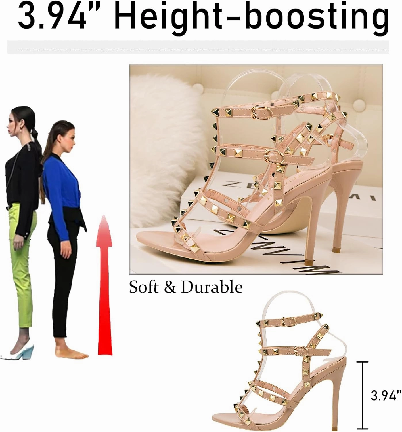 Women's Studded Strappy Leather Stiletto Heels Sandals with Adjustable Ankle Buckle Sexy Open Pointed Toe Fashion T-Strap Roman High Heel Pumps for Party Prom Dress Shoes