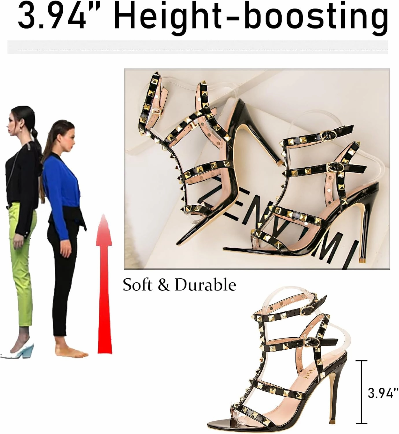 Women's Studded Strappy Leather Stiletto Heels Sandals with Adjustable Ankle Buckle Sexy Open Pointed Toe Fashion T-Strap Roman High Heel Pumps for Party Prom Dress Shoes