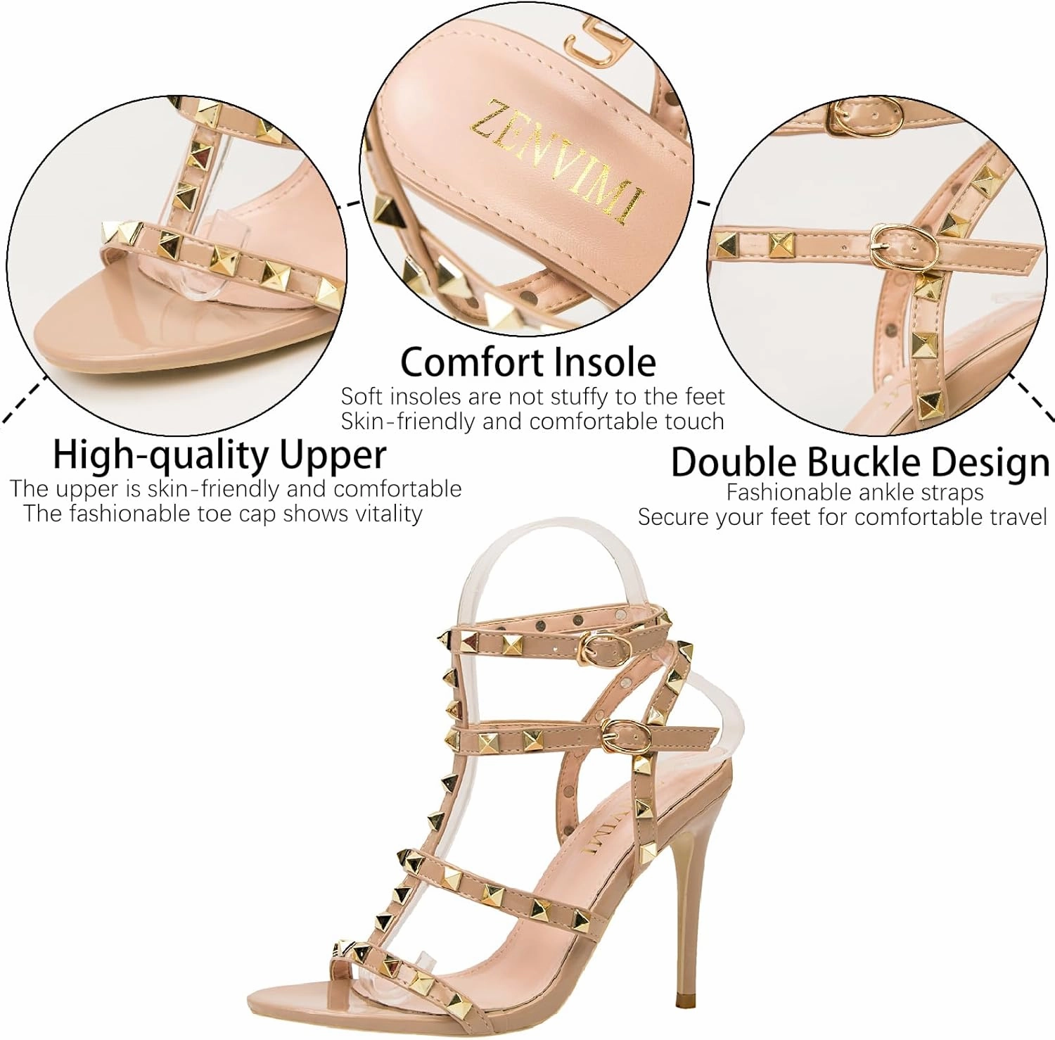 Women's Studded Strappy Leather Stiletto Heels Sandals with Adjustable Ankle Buckle Sexy Open Pointed Toe Fashion T-Strap Roman High Heel Pumps for Party Prom Dress Shoes