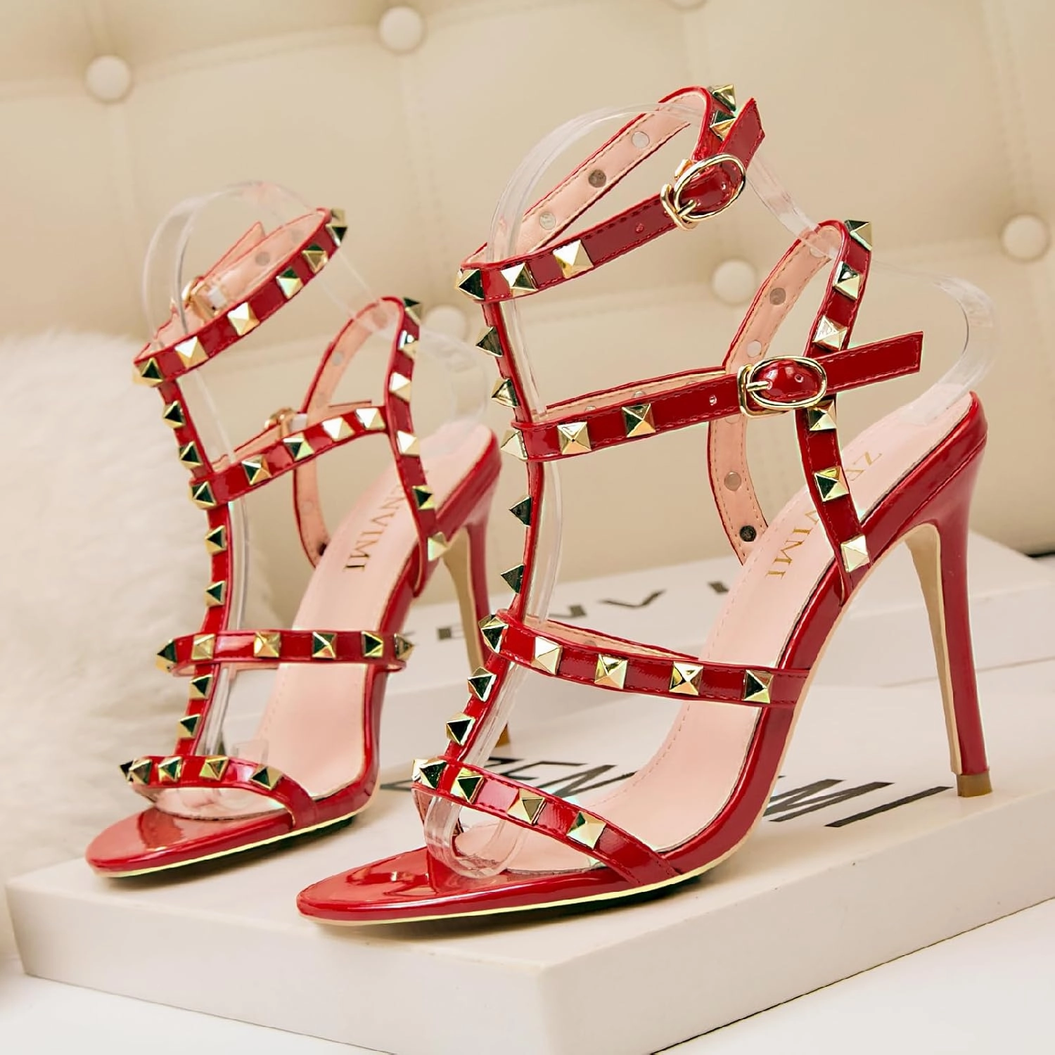 Women's Studded Strappy Leather Stiletto Heels Sandals with Adjustable Ankle Buckle Sexy Open Pointed Toe Fashion T-Strap Roman High Heel Pumps for Party Prom Dress Shoes