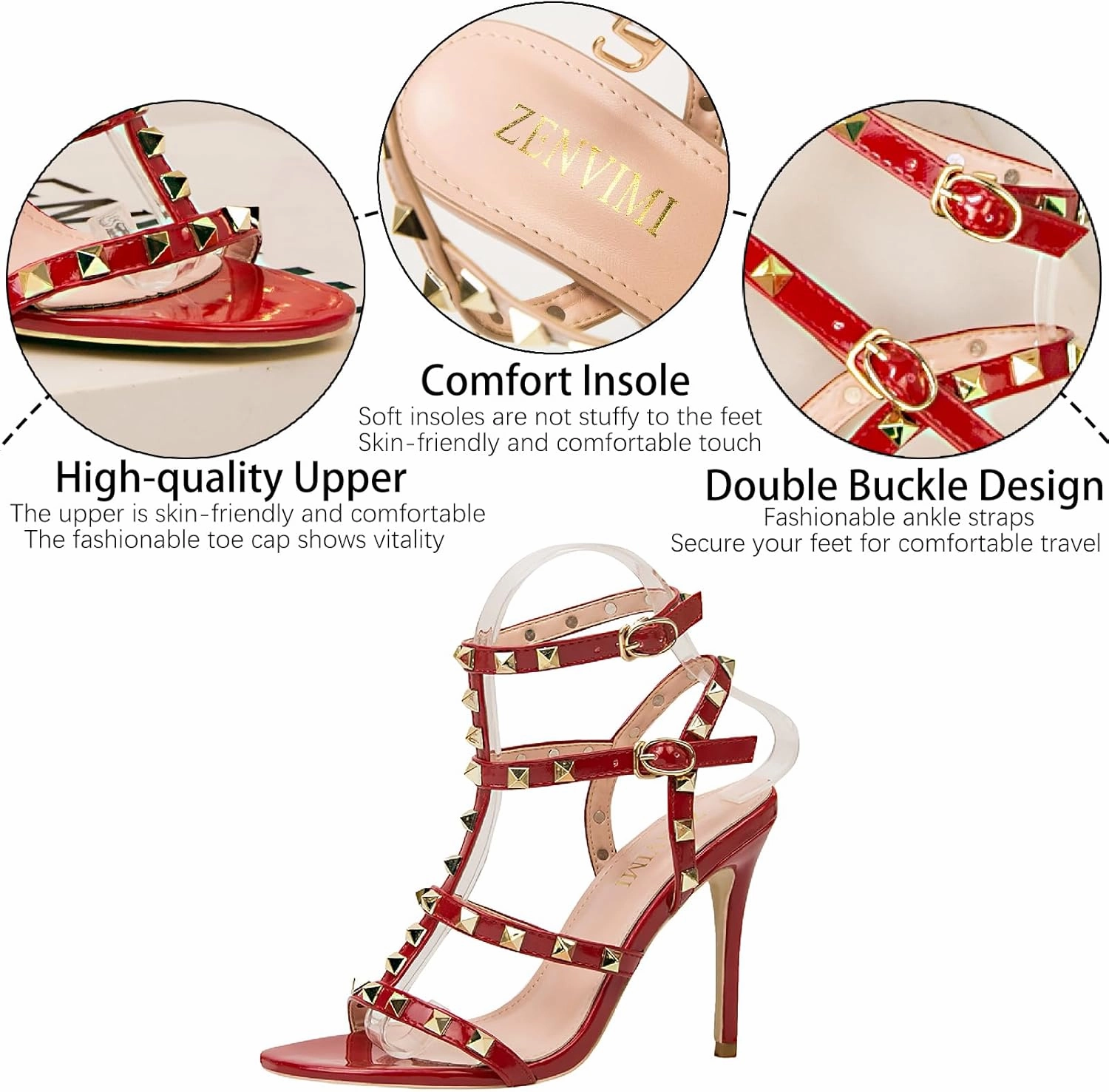 Women's Studded Strappy Leather Stiletto Heels Sandals with Adjustable Ankle Buckle Sexy Open Pointed Toe Fashion T-Strap Roman High Heel Pumps for Party Prom Dress Shoes