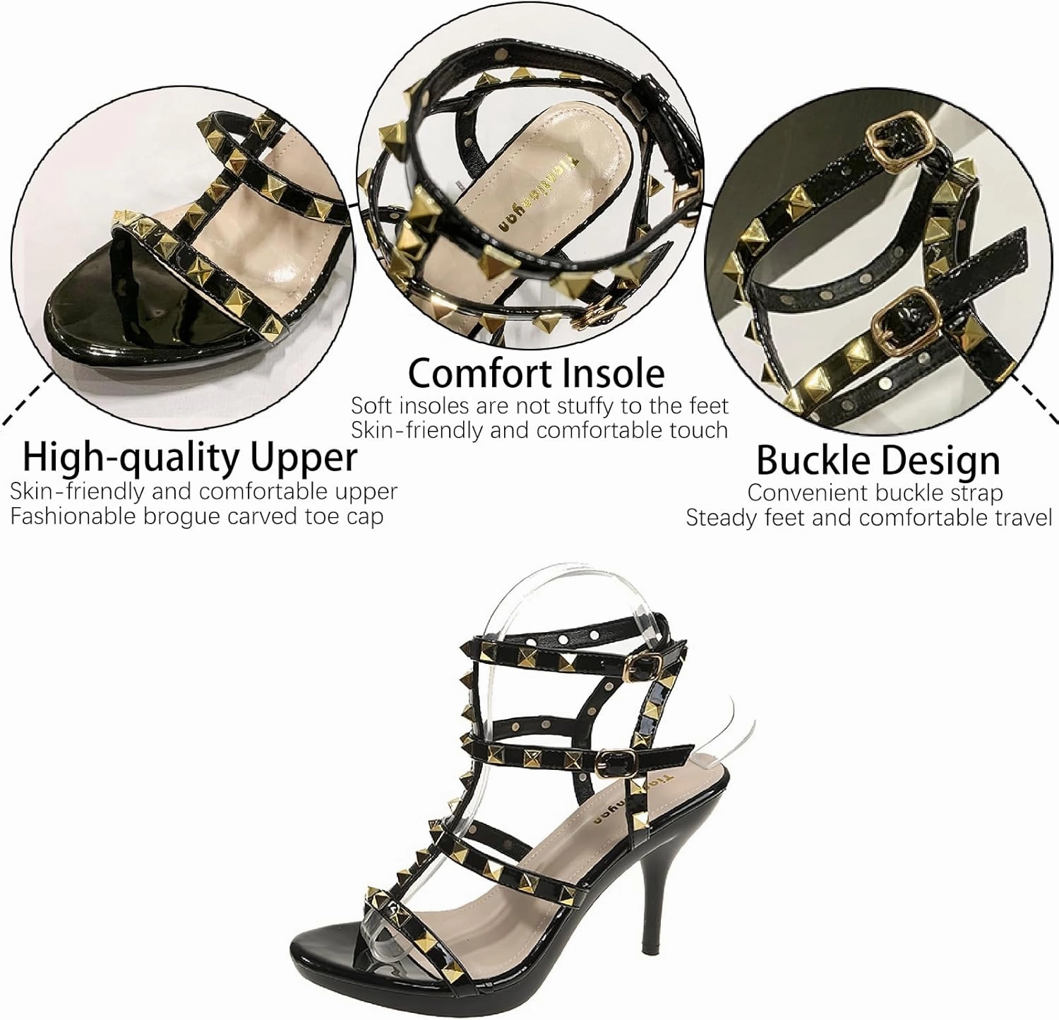 Women's Studded Strappy Leather Stilettos Sandals with Adjustable Ankle Buckle Sexy Open Pointed Toe Non-slip Platform Roman High Heels Pumps for Party Prom Dating Dress Shoes