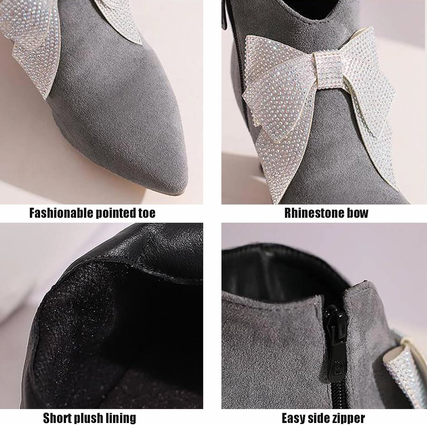 Women's Suede Rhinestone Bow Kitten Heel Boots Fashion Pointed Toe Side Zipper Mid Heel Formal Business Ankle Boots Grace Wedding Party Dress Boots
