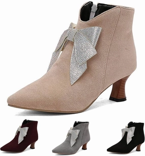 Women's Suede Rhinestone Bow Kitten Heel Boots Fashion Pointed Toe Side Zipper Mid Heel Formal Business Ankle Boots Grace Wedding Party Dress Boots