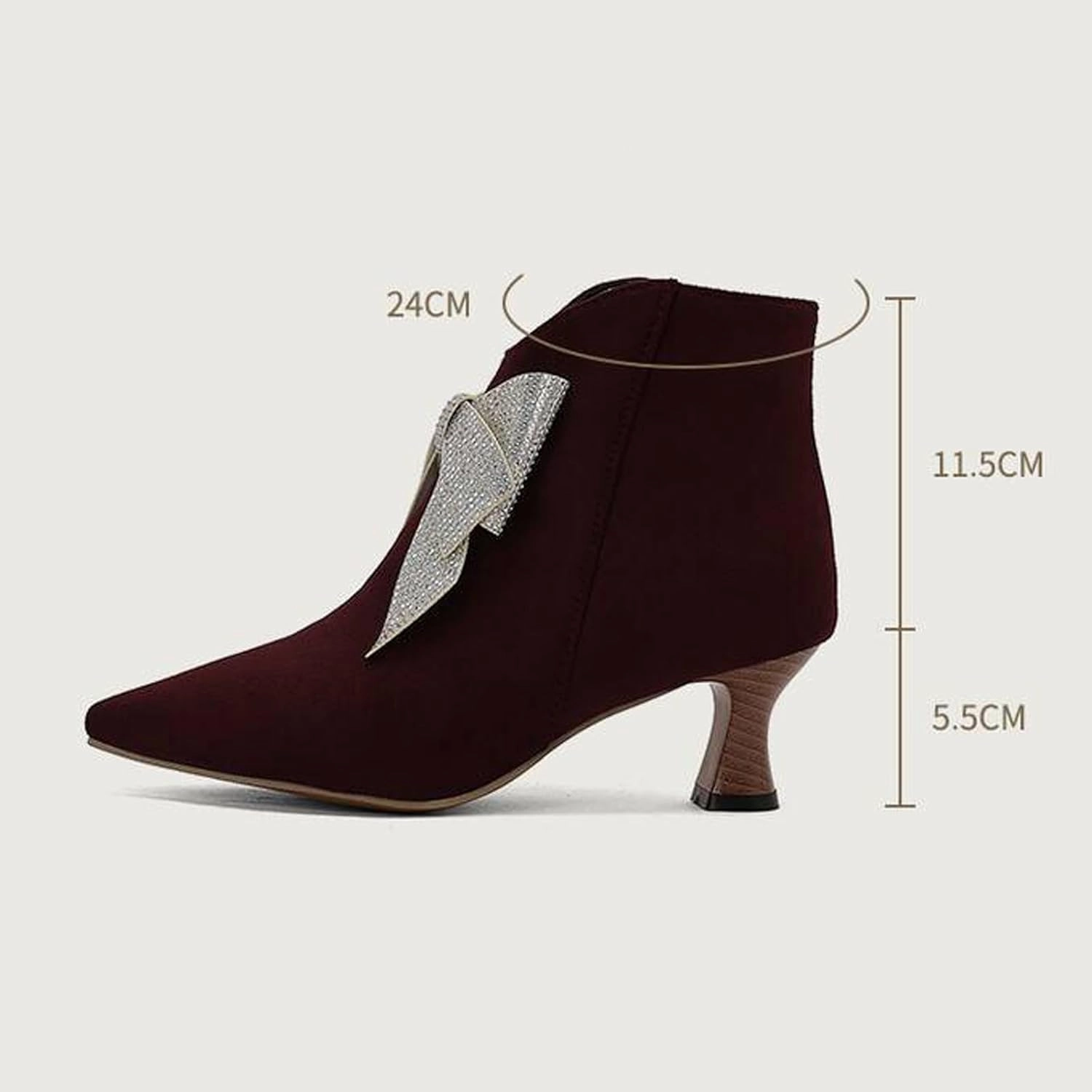 Women's Suede Rhinestone Bow Kitten Heel Boots Fashion Pointed Toe Side Zipper Mid Heel Formal Business Ankle Boots Grace Wedding Party Dress Boots