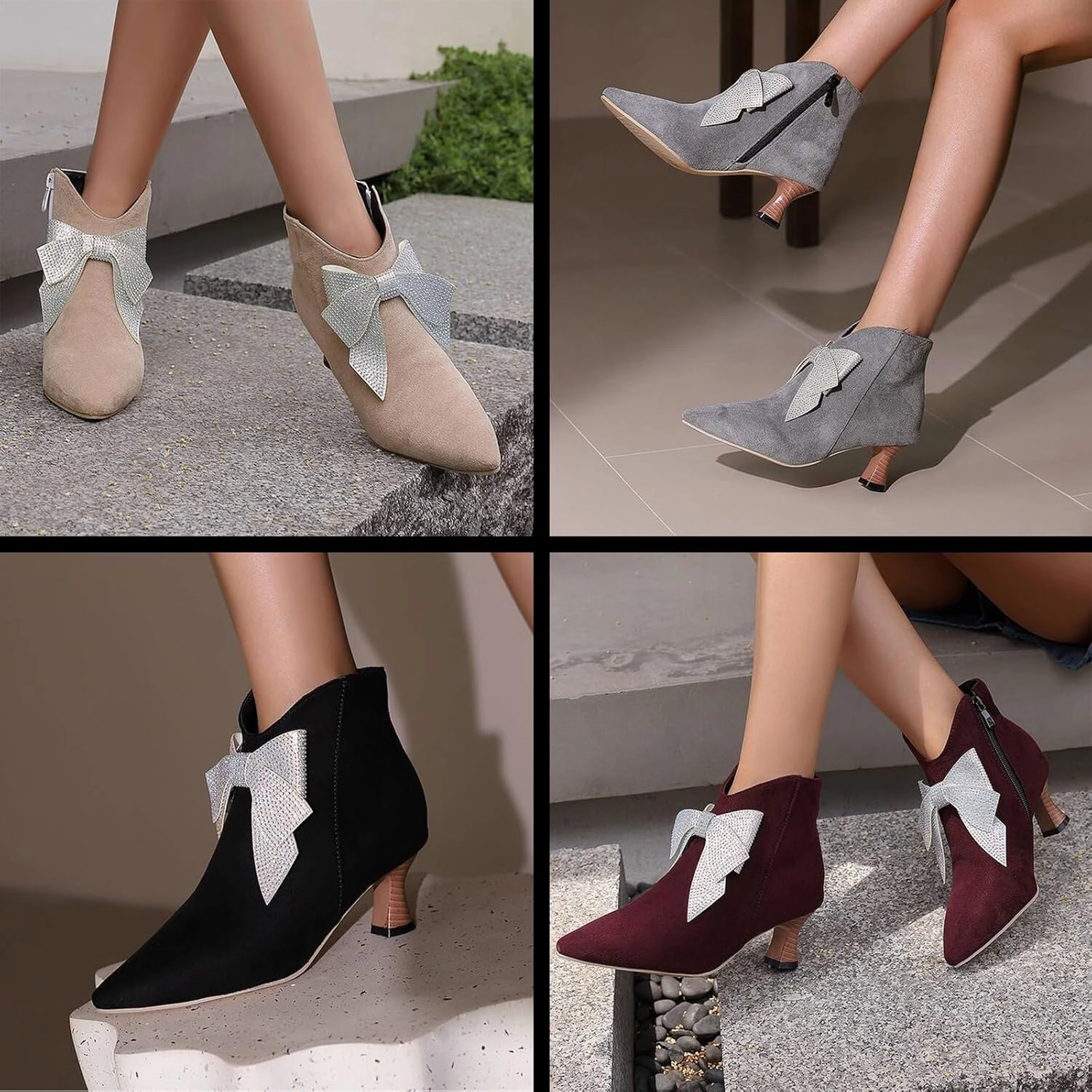 Women's Suede Rhinestone Bow Kitten Heel Boots Fashion Pointed Toe Side Zipper Mid Heel Formal Business Ankle Boots Grace Wedding Party Dress Boots