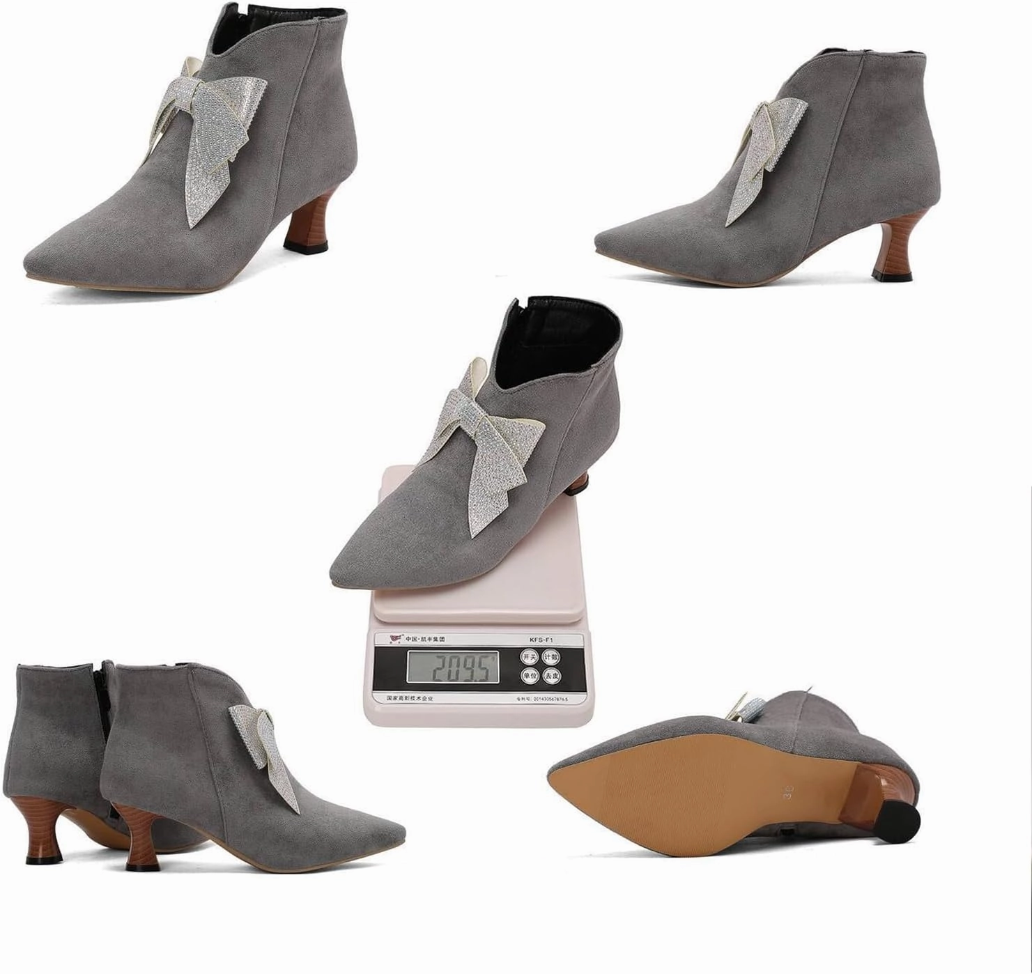 Women's Suede Rhinestone Bow Kitten Heel Boots Fashion Pointed Toe Side Zipper Mid Heel Formal Business Ankle Boots Grace Wedding Party Dress Boots