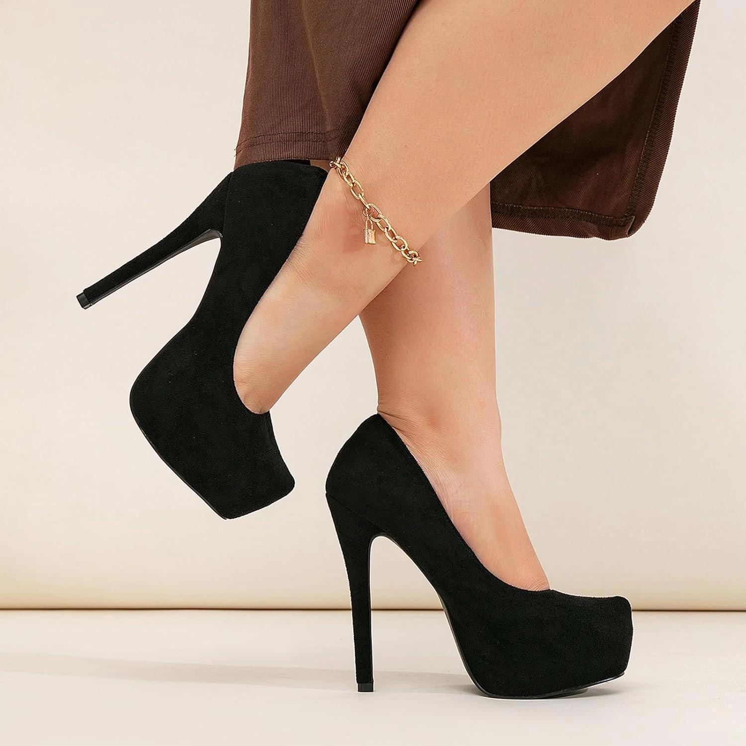 Women's Suede Stiletto Round Toe Platform Sexy Party Pumps Slip On Fashion 5.43 in Slip On Super High Heel Prom Wedding Dress Shoes