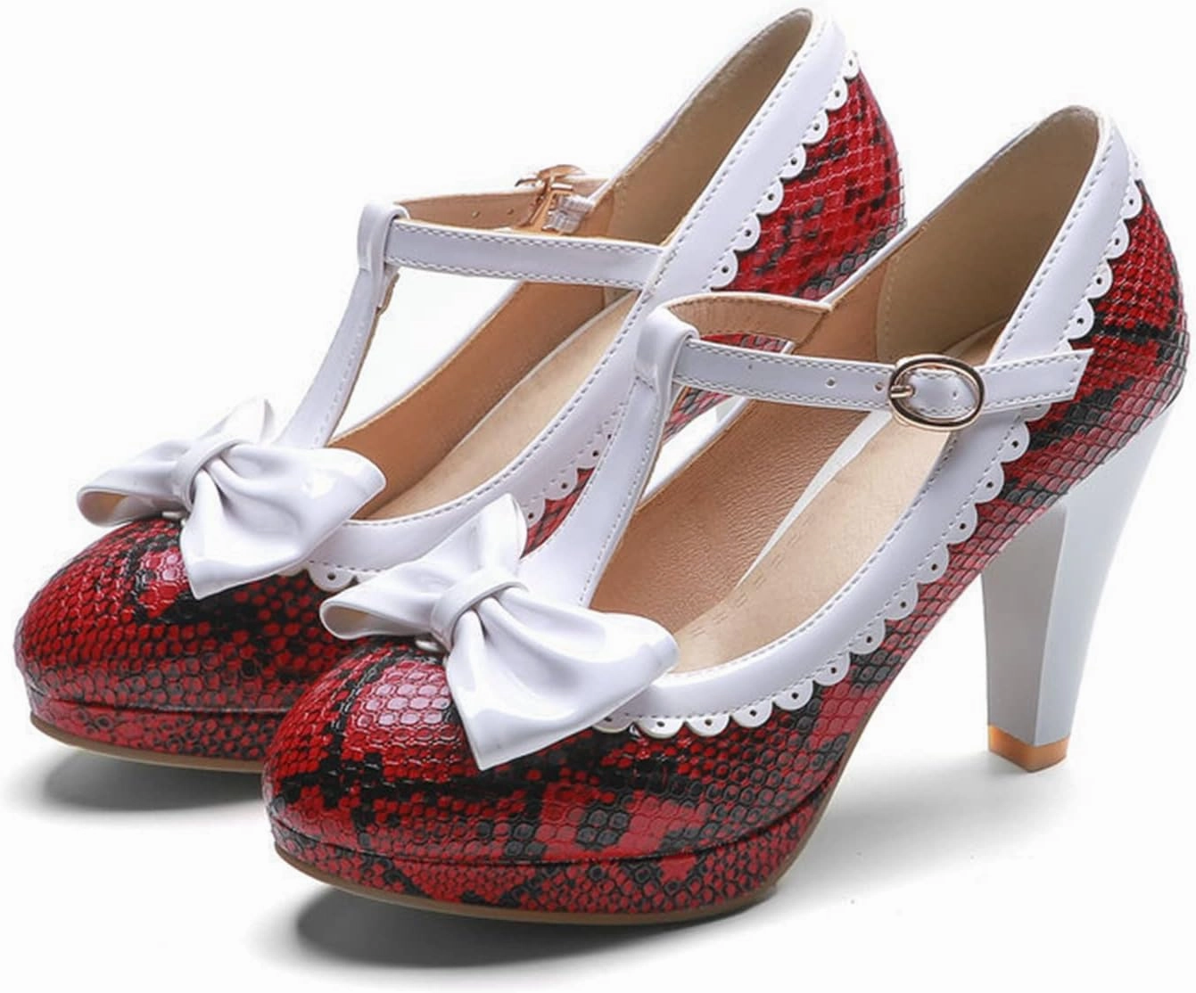 Women's T-Strap Mary Jane Shoes Round Toe Adorable Bows Buckle High Cone Heel Printed Dress Pumps