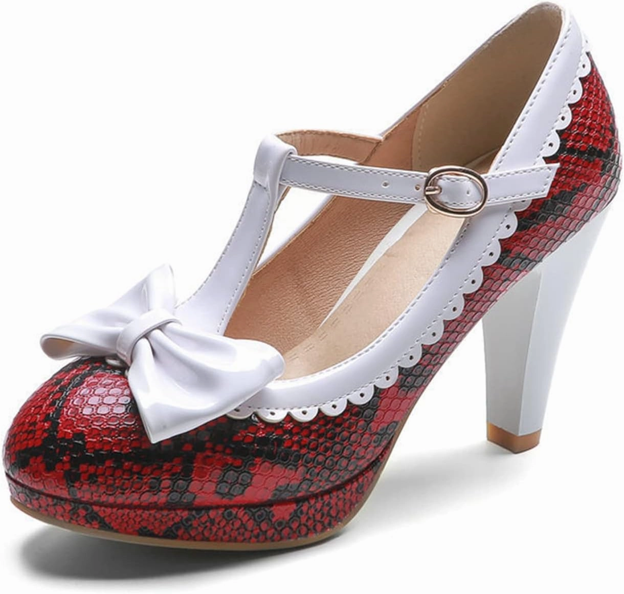Women's T-Strap Mary Jane Shoes Round Toe Adorable Bows Buckle High Cone Heel Printed Dress Pumps