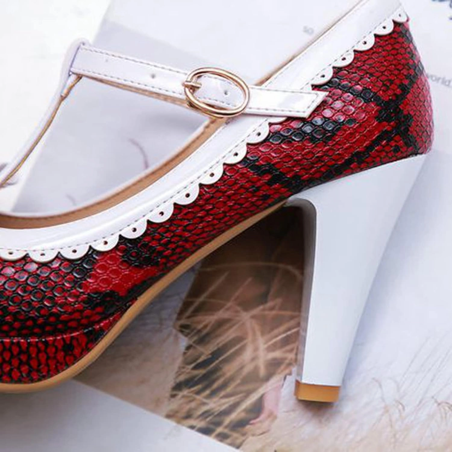 Women's T-Strap Mary Jane Shoes Round Toe Adorable Bows Buckle High Cone Heel Printed Dress Pumps