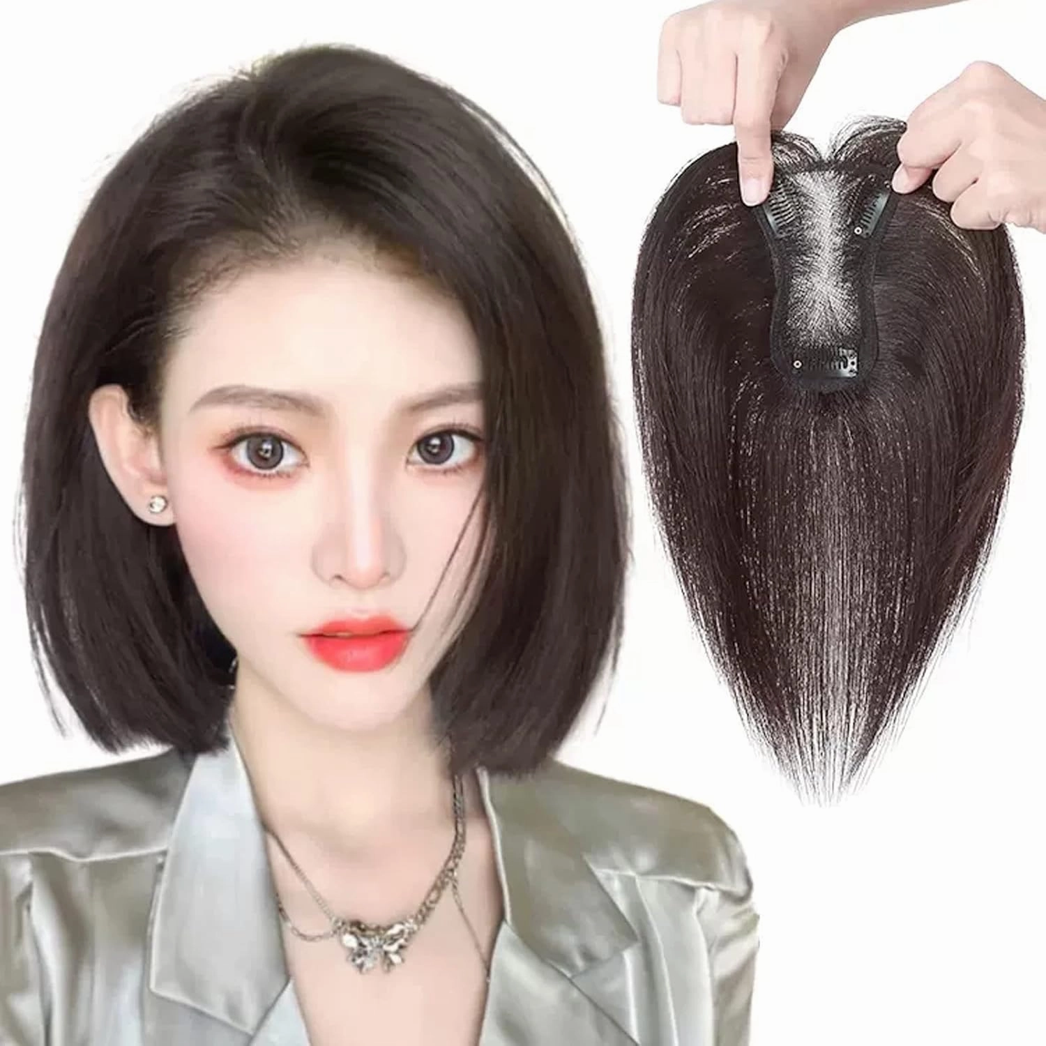 Women's Wig Wig Piece Female Head of Hair Patch Piece Cover White Hair Real Hair Real Hair Fluffy Increase Hair Volume Wig Piece Women's Wigs Hair Piece(07-(7x8) 30CM black)