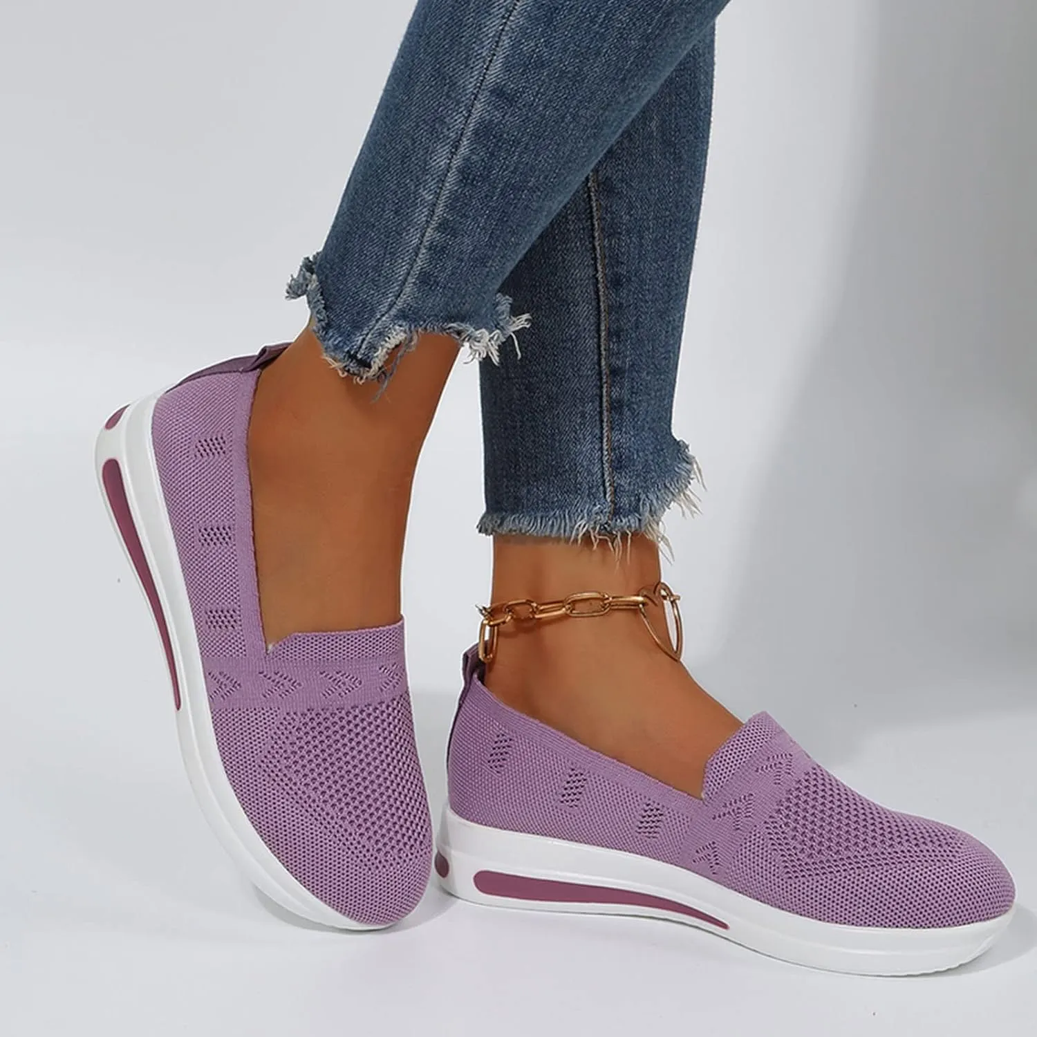 Womens Canvas Slip On Shoes Casual Walking Sneakers Lightweight Flat Fashion Comfortable Elastic Loafers Non Slip