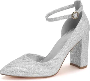 Women's Closed Toe Pumps 3-Inch Chunky Heels Pumps Ankle Strap Dress Wedding Shoes